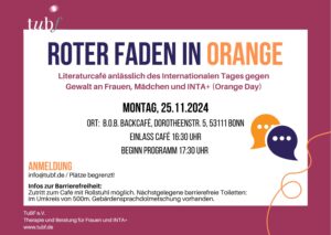 Einladungskarte zum Literaturcafé „Roter Faden in Orange“